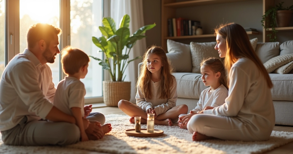 Familia sentada en el suelo del salón compartiendo un momento de escucha tranquila 