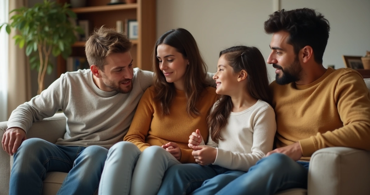 Familia reunida, escuchando con atención a un miembro 