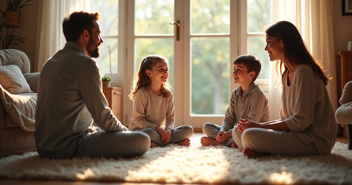 Familia sentada en círculo prestando atención 