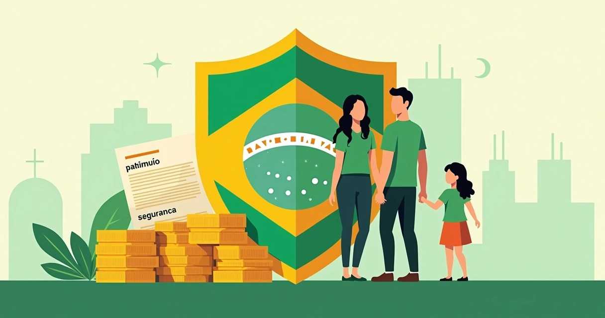 Família com escudo de proteção e dinheiro acumulado ao fundo 