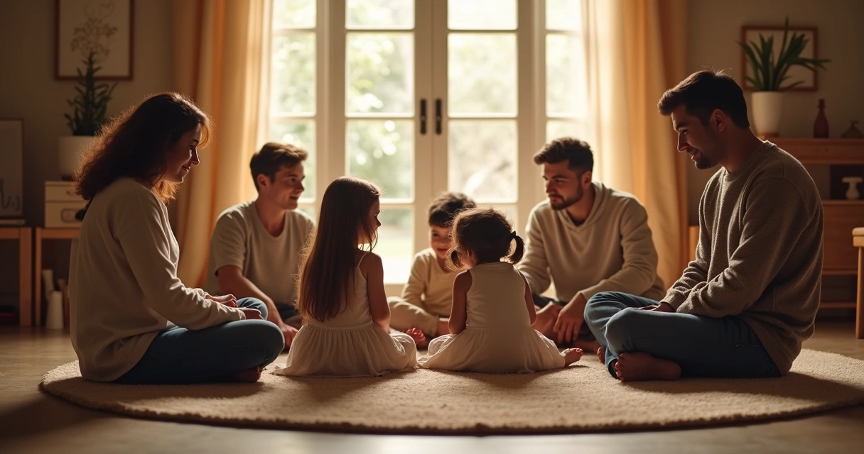 Família sentada em círculo escutando com atenção