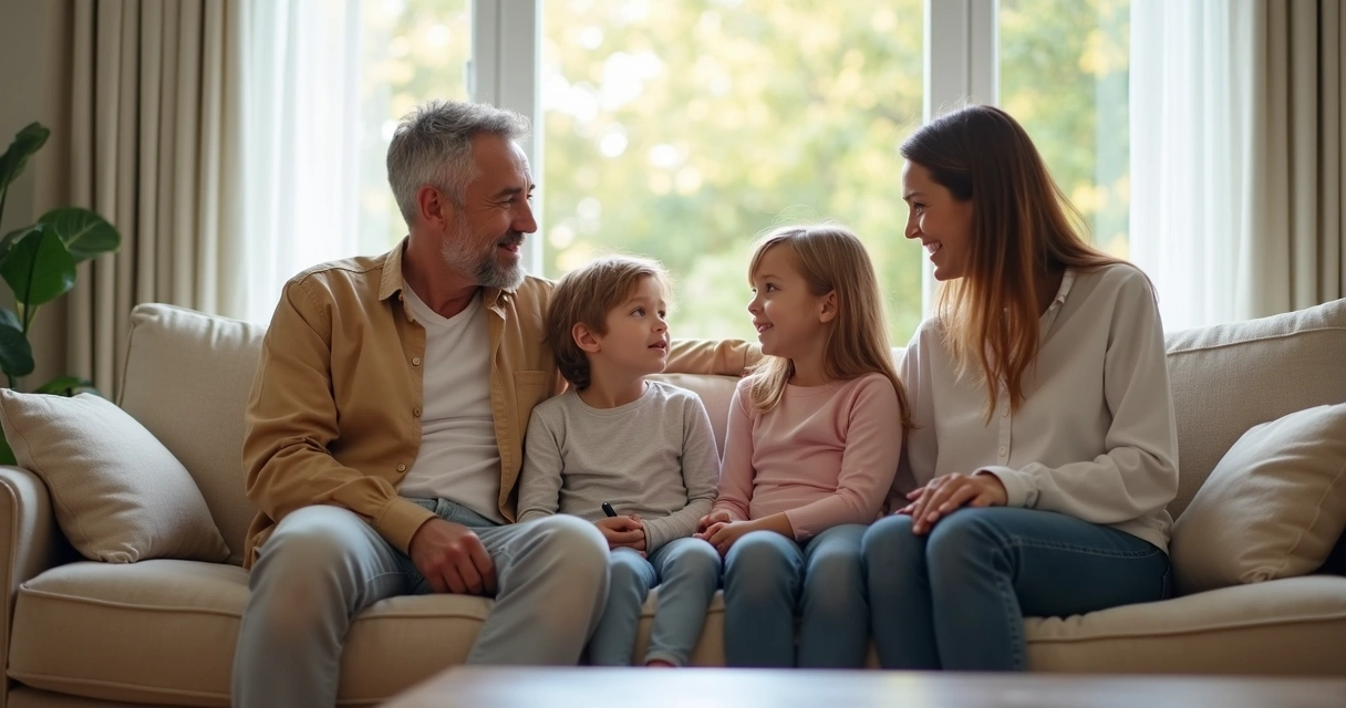 Família sentada no sofá conversando e ouvindo uns aos outros 