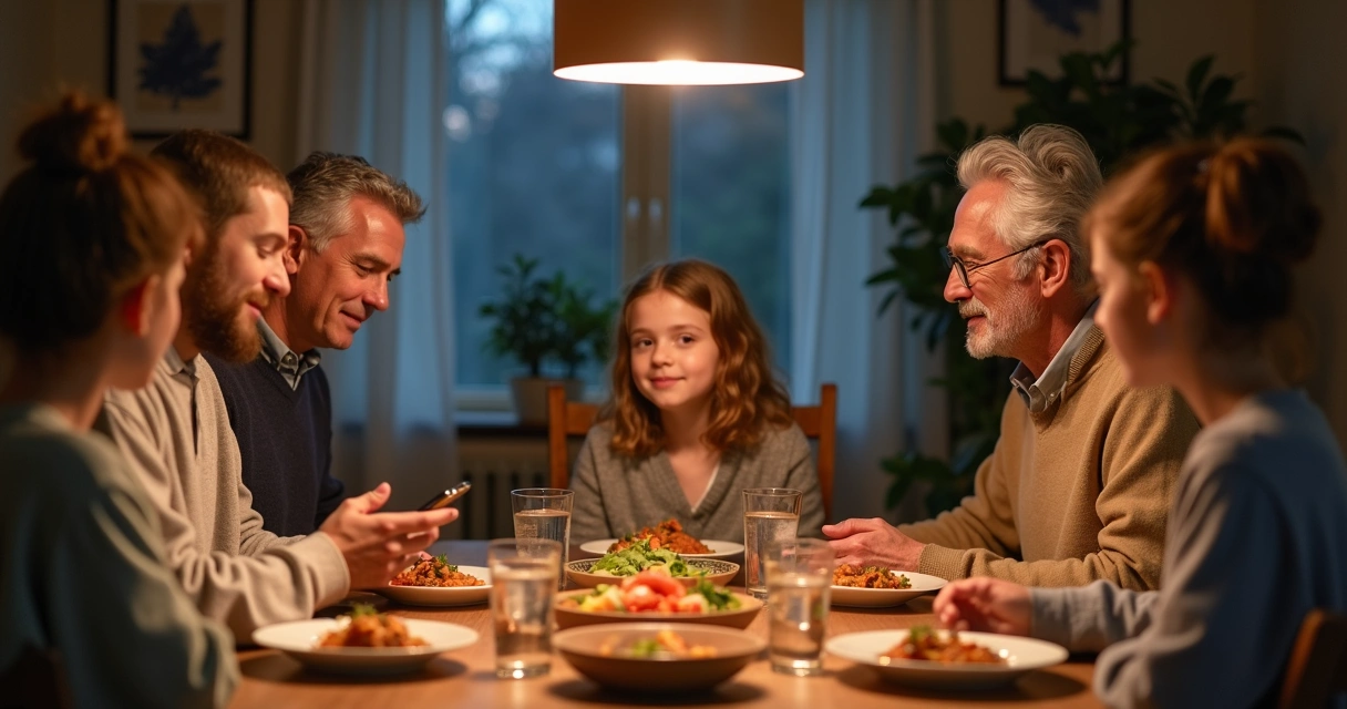 Família em volta da mesa de jantar conversando com atenção plena 
