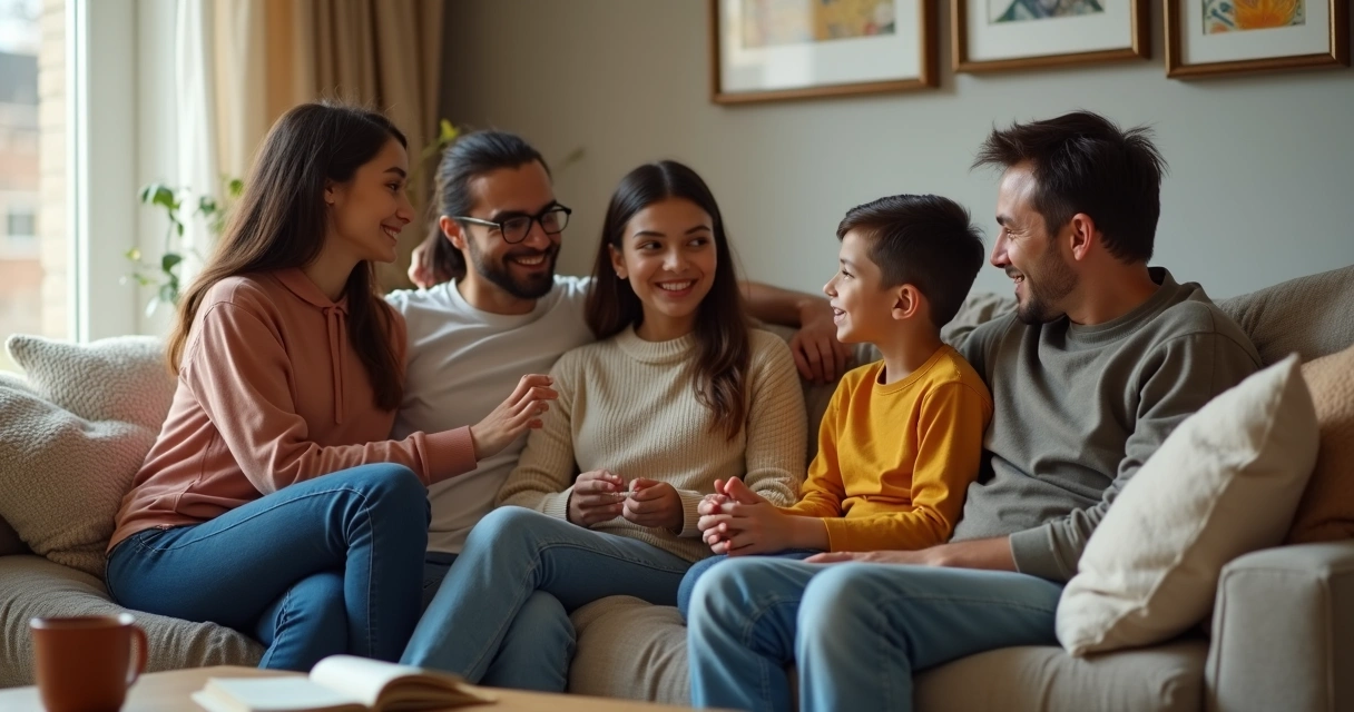 Família sentada no sofá praticando escuta ativa em uma conversa tranquila 