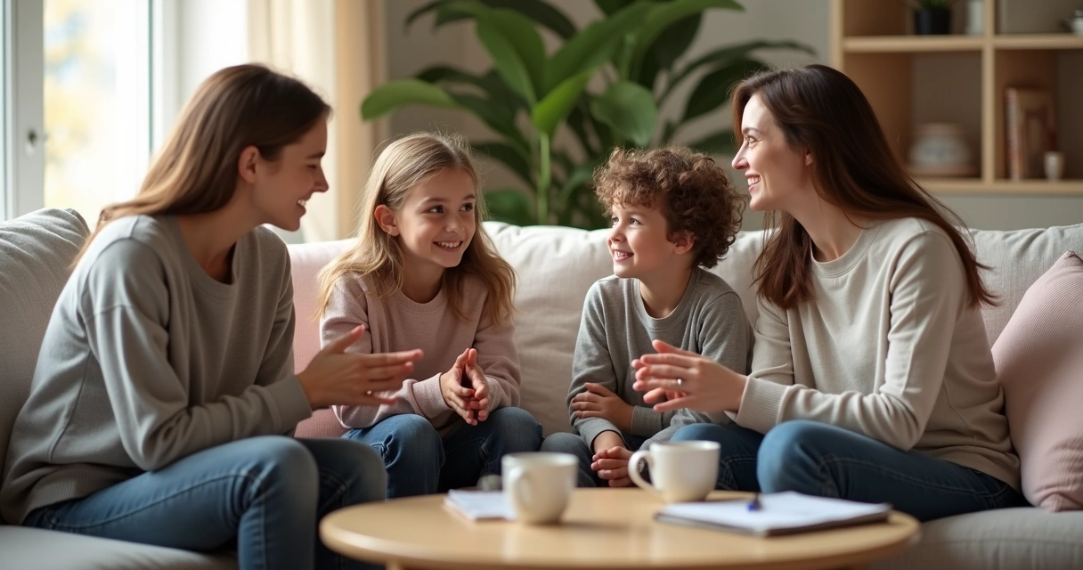 Família sentada no sofá praticando escuta ativa em conversa tranquila 