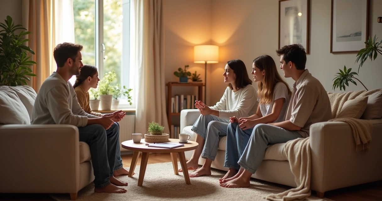 Família sentada no sofá praticando escuta ativa na sala de estar 