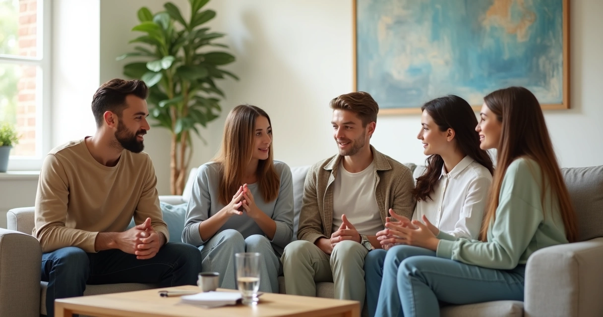Família sentada no sofá praticando escuta ativa em conversa tranquila 