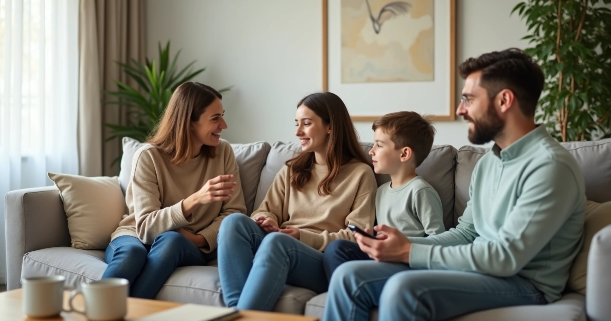 Família sentada no sofá praticando escuta ativa em conversa tranquila 