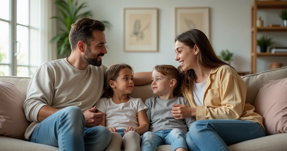 Família sentada no sofá praticando escuta ativa em conversa tranquila 