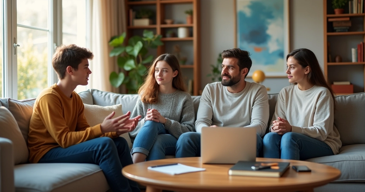 Família em sofá praticando escuta ativa em sala de estar clara 