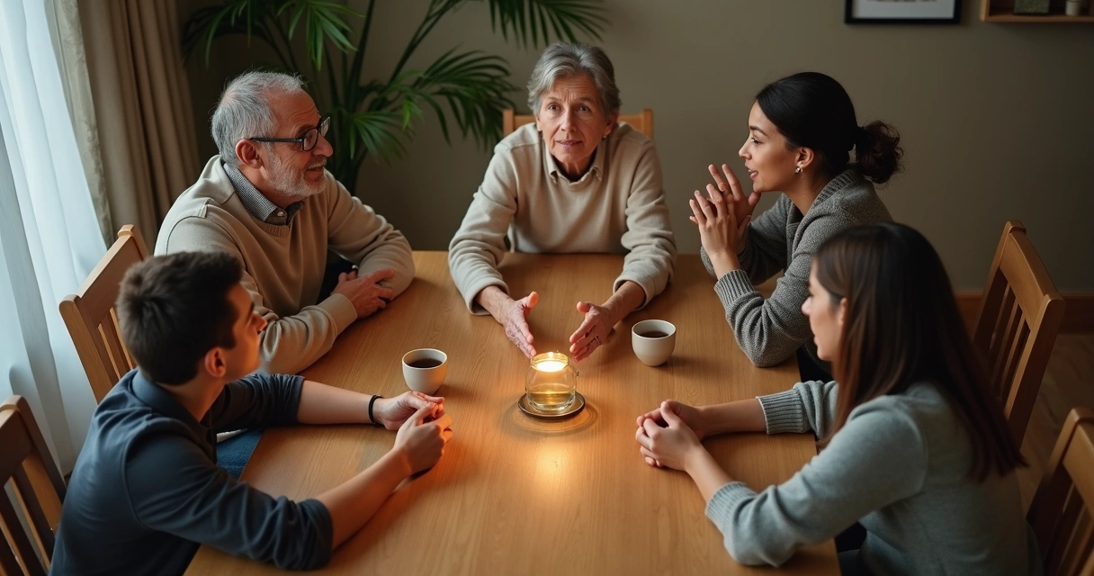 Família conversando com atenção ao redor da mesa de jantar vista de cima 