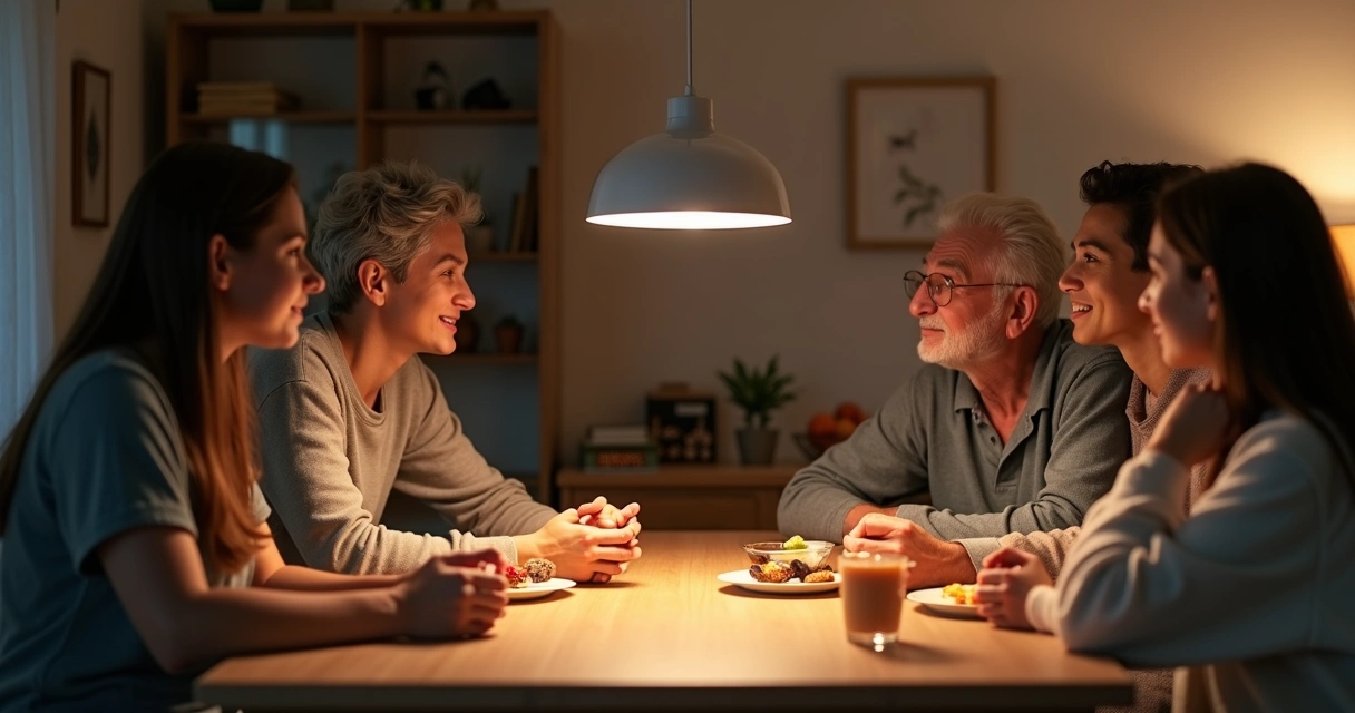 Família diversa em torno da mesa conversando com atenção tranquila 