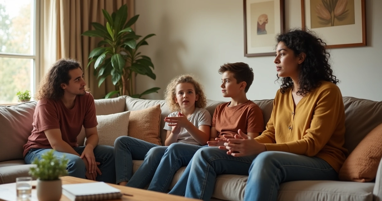 Família sentada no sofá praticando escuta consciente em conversa tranquila 
