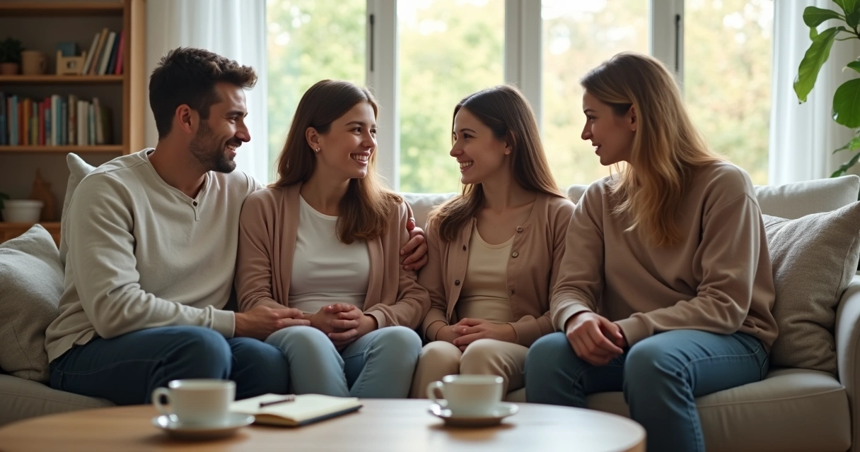 Família sentada no sofá praticando escuta atenta em conversa tranquila 