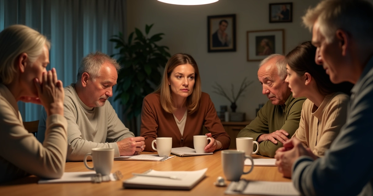 Familia em volta da mesa praticando escuta profunda em reunião tensa 