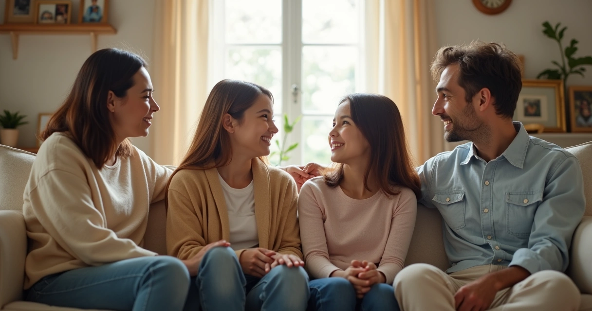 Família sentada no sofá, se olhando atentamente e conversando 