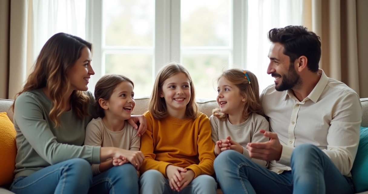 Família reunida no sofá, adultos e crianças ouvindo atentamente uma pessoa falando 