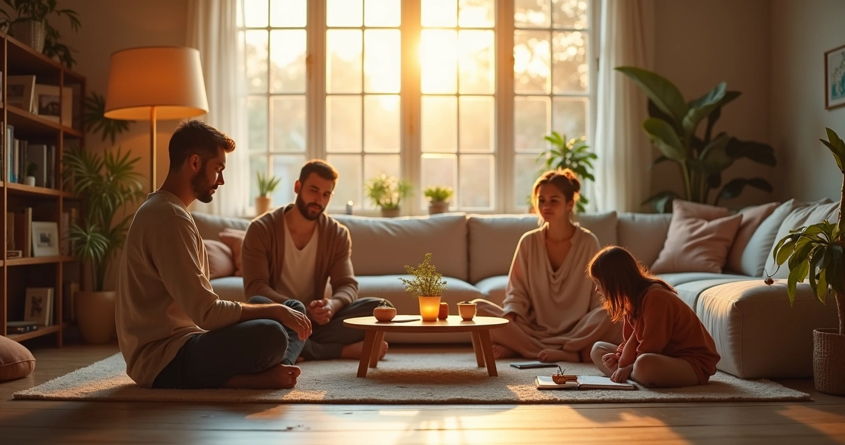 Familia relajada compartiendo un salón ordenado y luminoso 