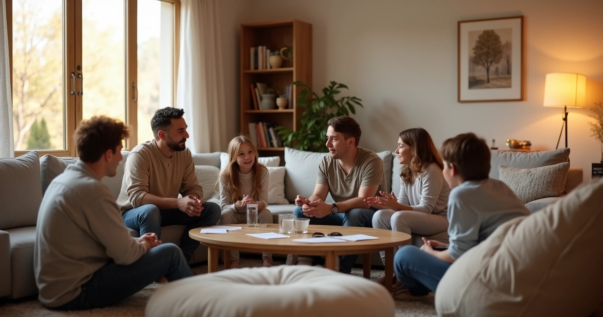 Família sentada em círculo no sofá conversando com atenção 