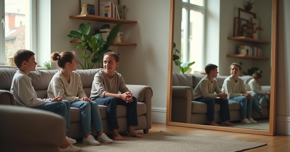 Família sentada em sala com reflexo no espelho mostrando expressões diferentes 