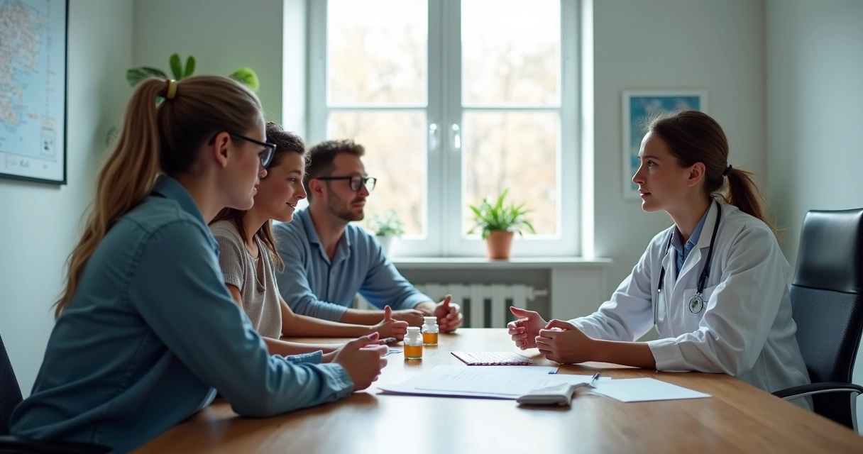 Família conversando com oncologista em consultório. 