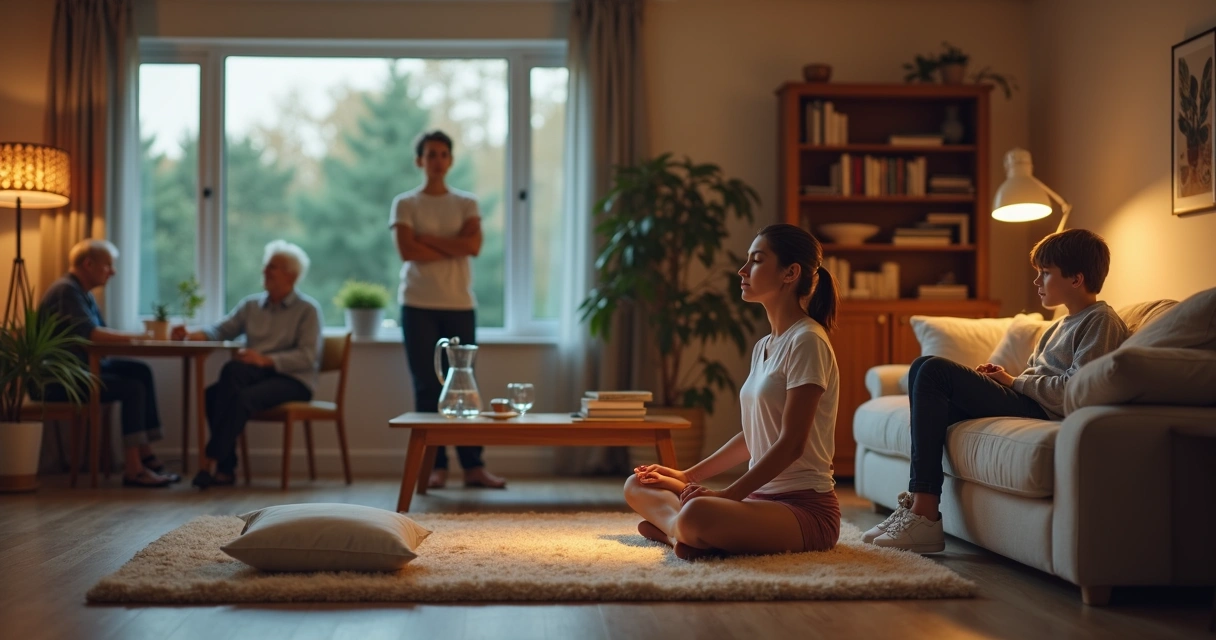 Família em sala de estar acolhedora com foco em mulher meditando no centro 