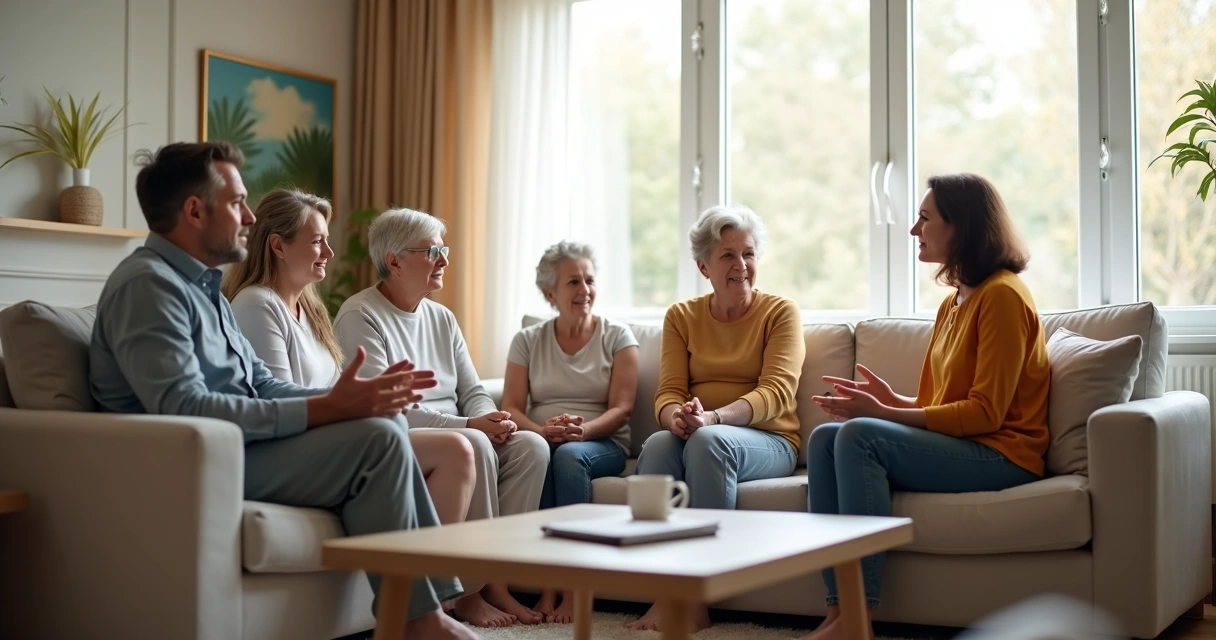 Família sentada na sala conversando com calma e respeito 
