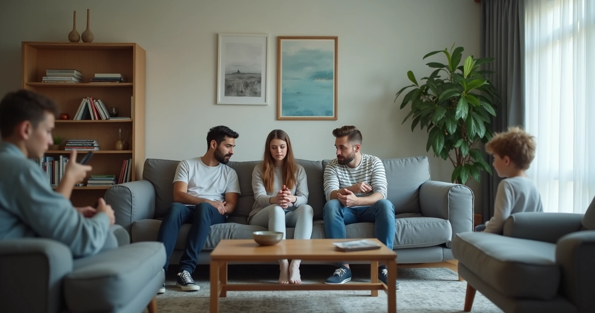 Família sentada na sala com tensão silenciosa entre pais e filhos 