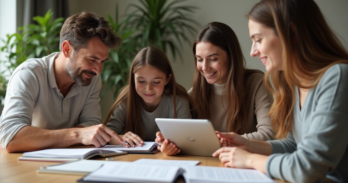 Família estudando juntos ao redor de uma mesa com livros e cadernos 