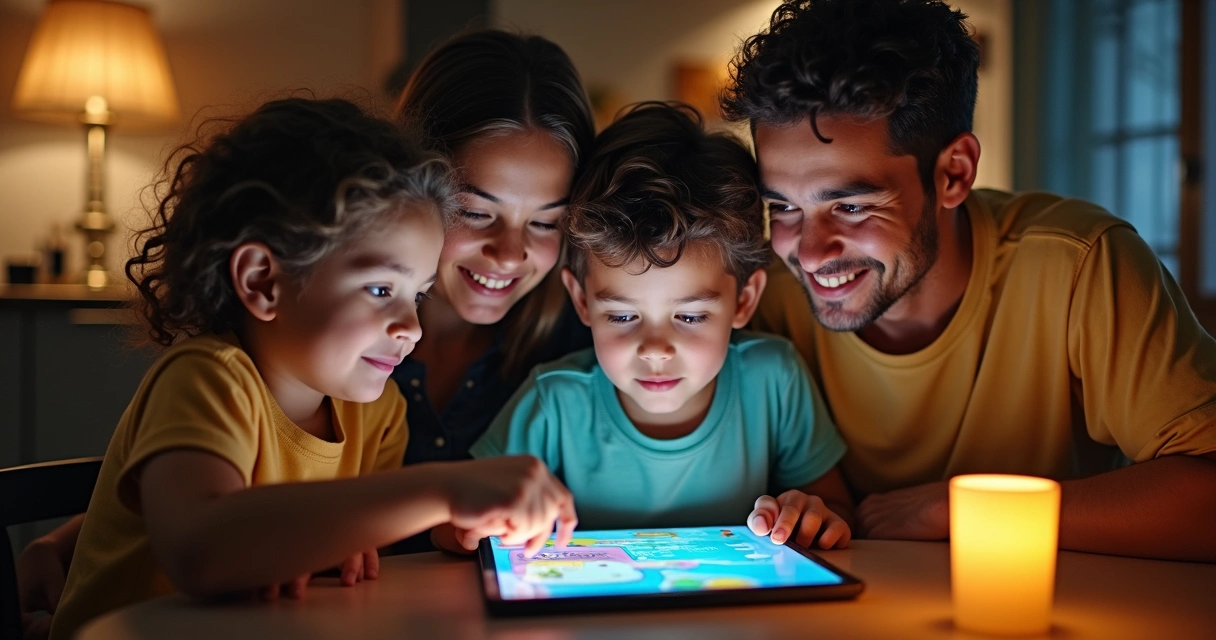 Família estudando junta usando tablet na mesa