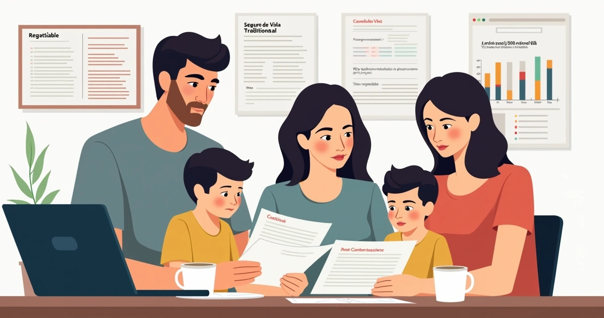 Família analisando opções de seguros de vida na mesa de trabalho 