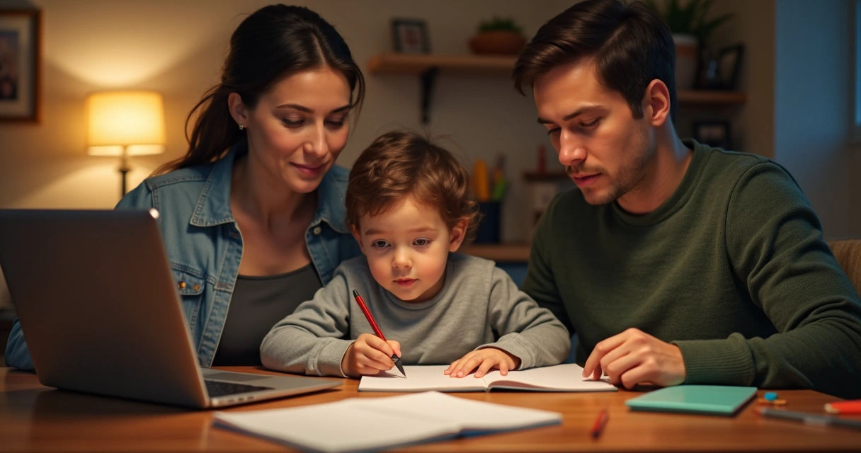 Família estudando junto em casa com laptop 