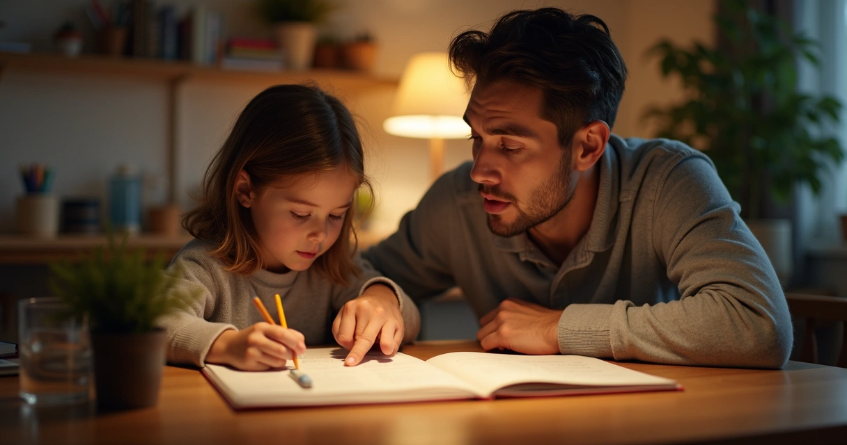 Familia acompañando estudio con calma en casa