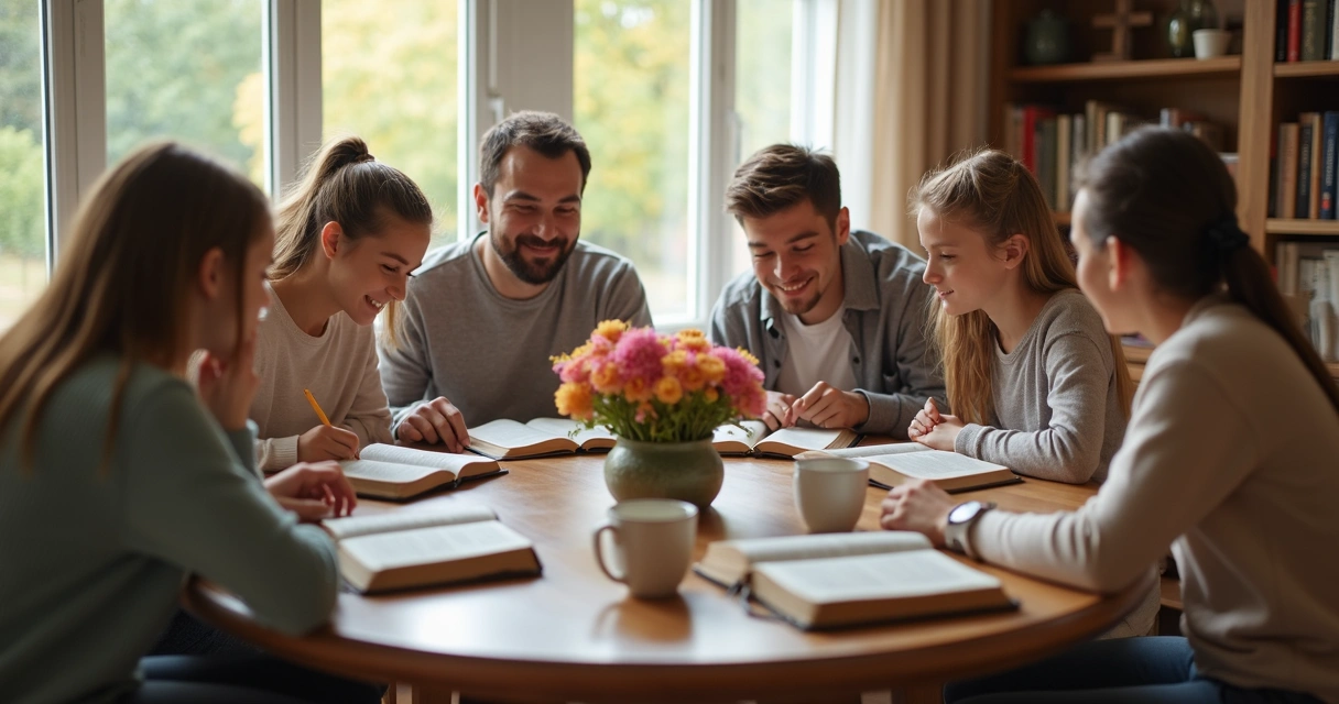 Família reunida lendo Bíblia sentada à mesa 