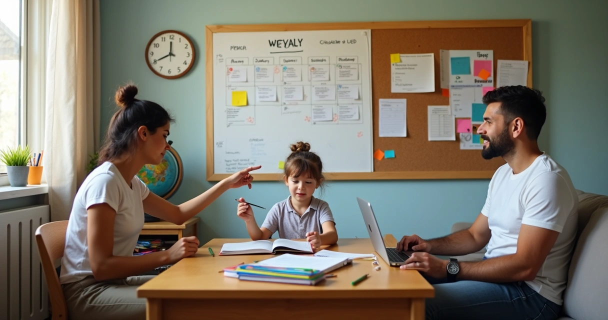 Família ajudando criança a estudar em quadro branco organizado 