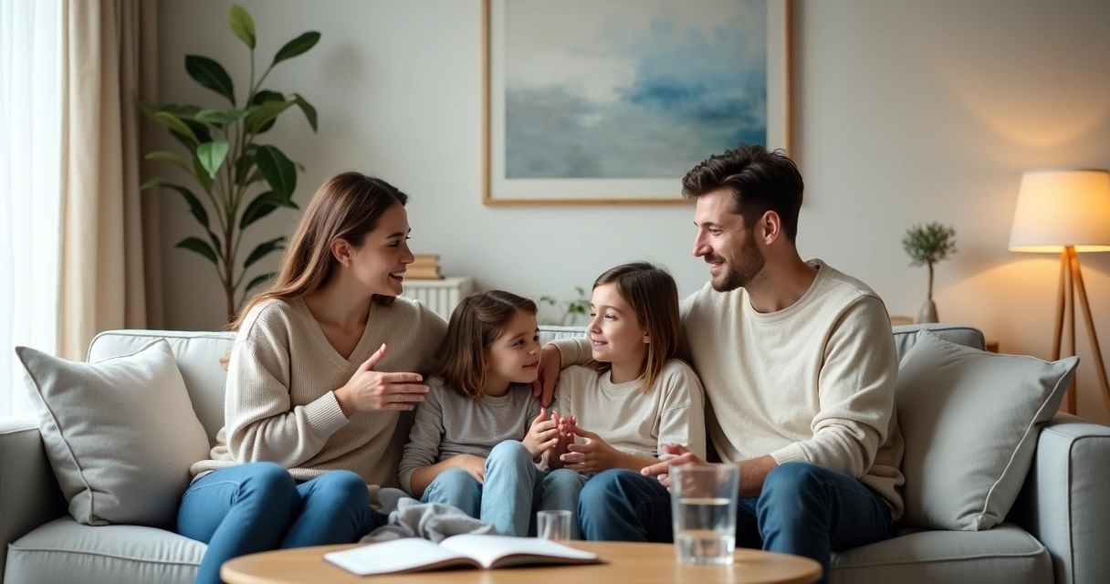 Família sentada no sofá em conversa acolhedora e respeitosa 