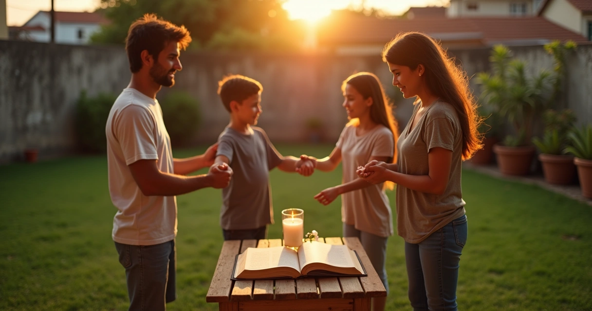 Família de mãos dadas em círculo reunida ao ar livre ao pôr do sol 