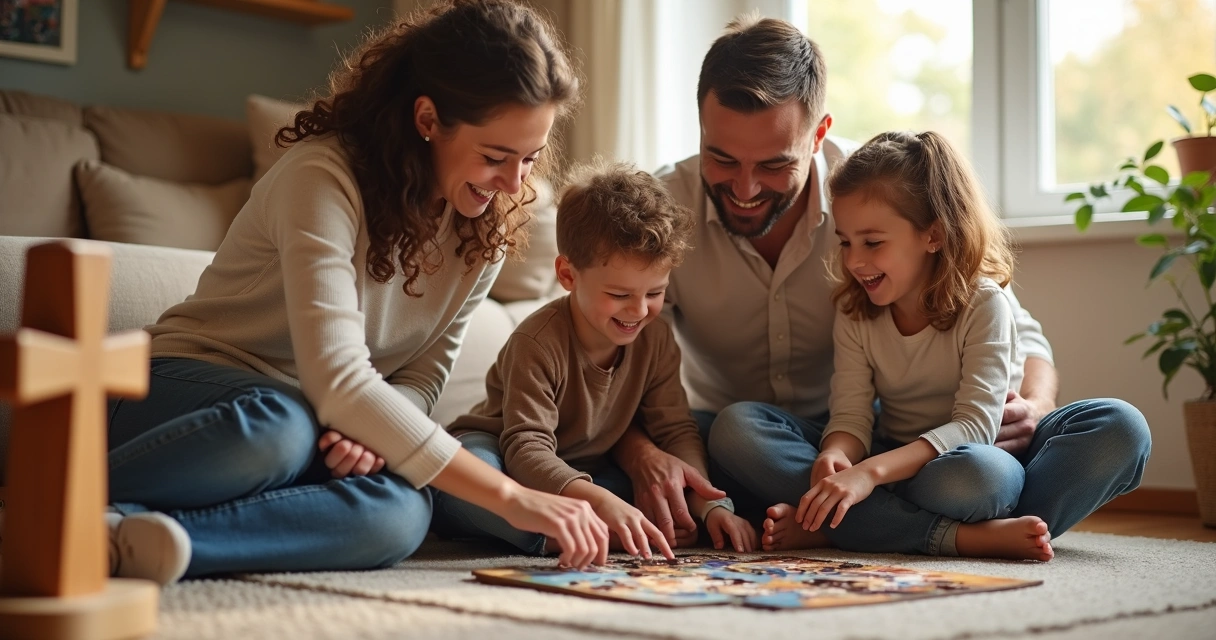 Família cristã sentada no chão brincando junta 