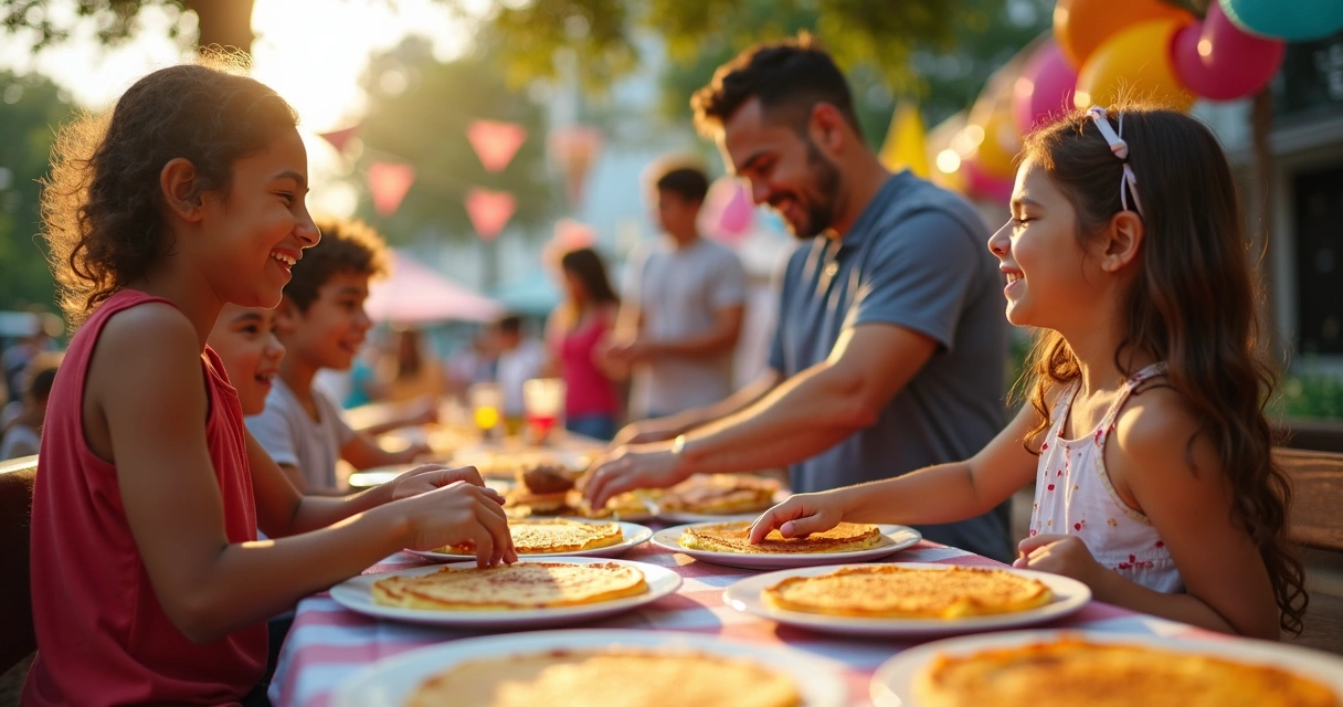 Família brasileira sorrindo em evento de crepe em Orlando nos EUA 