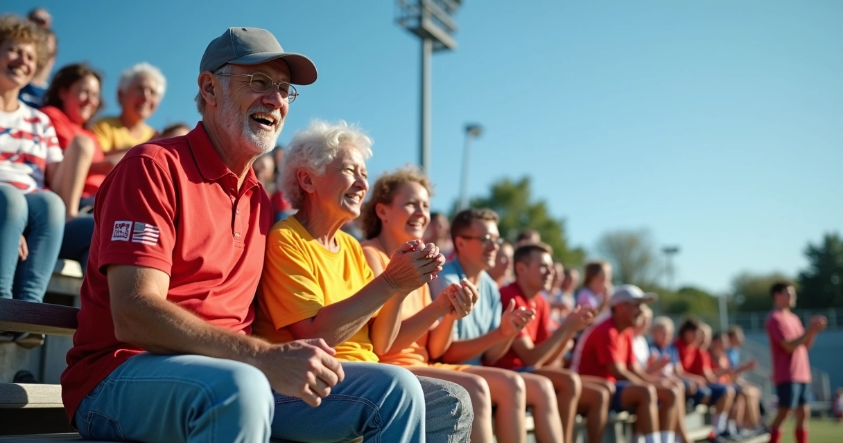 Família torcendo em arquibancada de evento esportivo 
