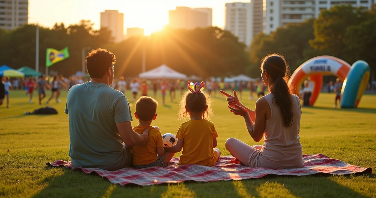 Família assistindo evento esportivo em parque ao pôr do sol 