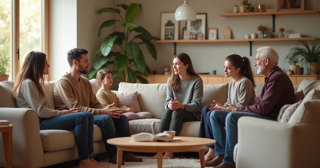 Família sentada na sala de estar conversando com calma e evitando conflito 