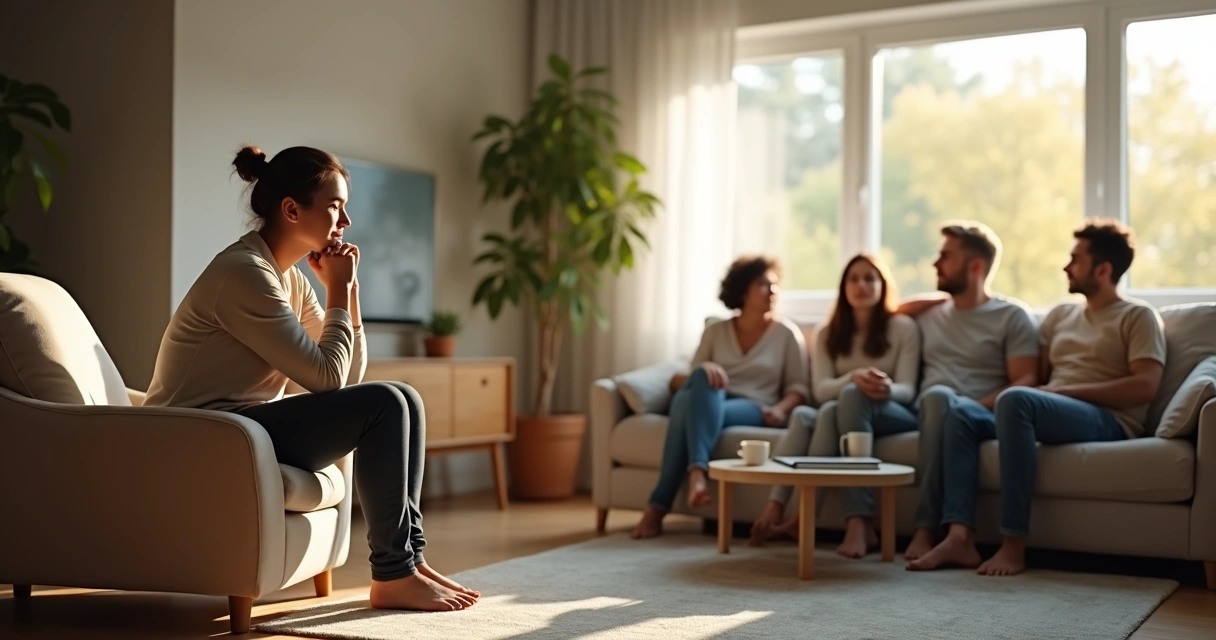 Pessoa sentada afastada da família em sala de estar, todos em clima de reconciliação 