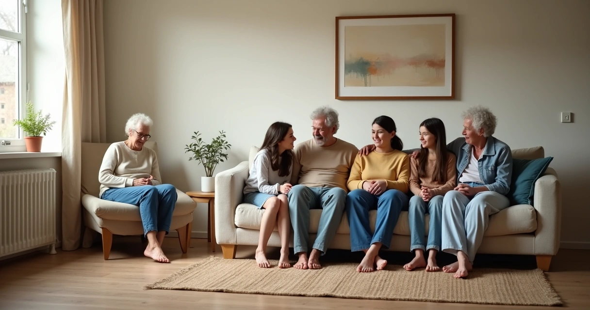 Família sentada no sofá com uma pessoa isolada em um canto da sala 