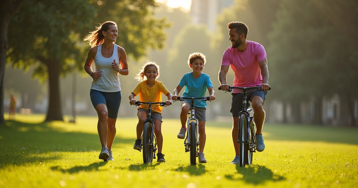 Família praticando exercícios em parque na manhã 