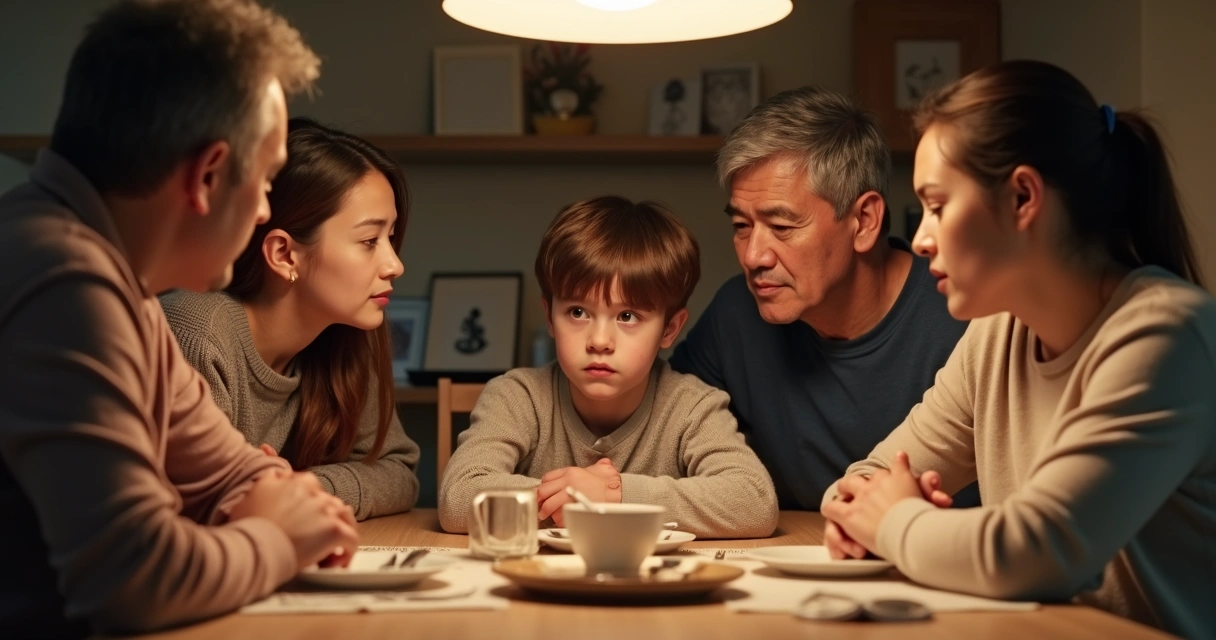 Família reunida em uma mesa olhando para um jovem sentado ao centro, todos atentos a ele. 