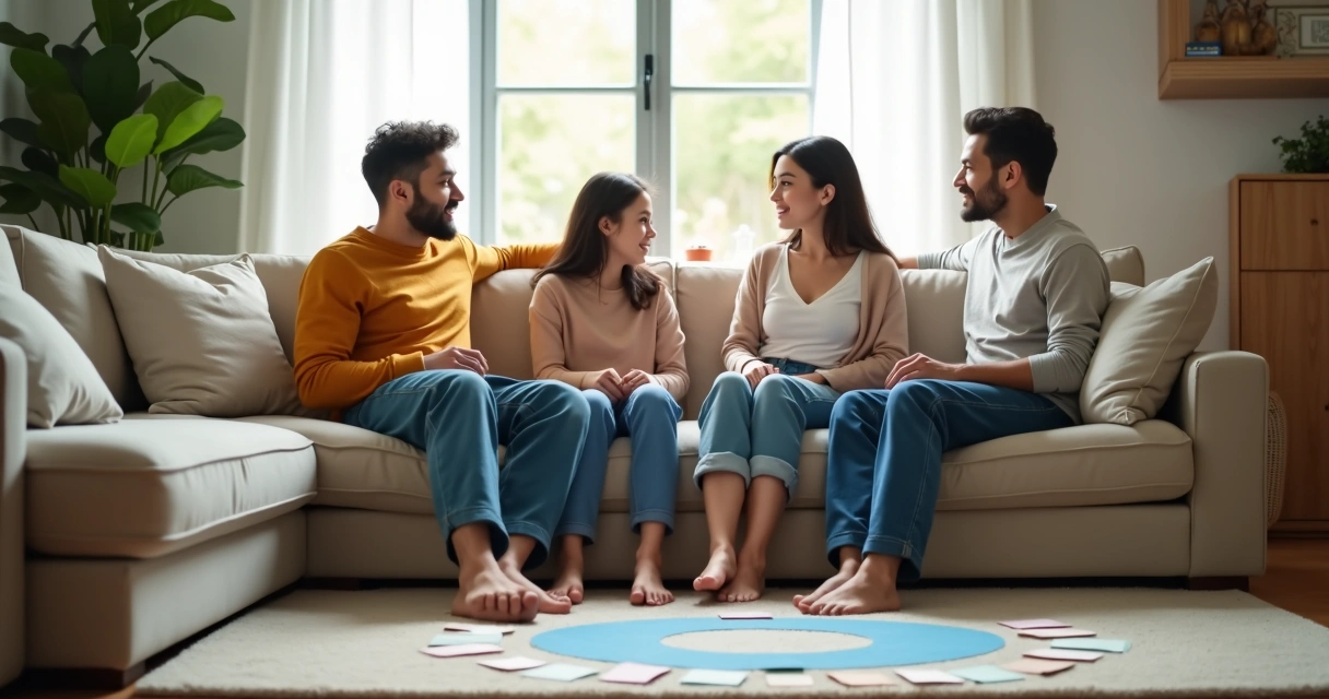 Jovem em sala com a família ao fundo desenhando um círculo de cor diferente no chão 