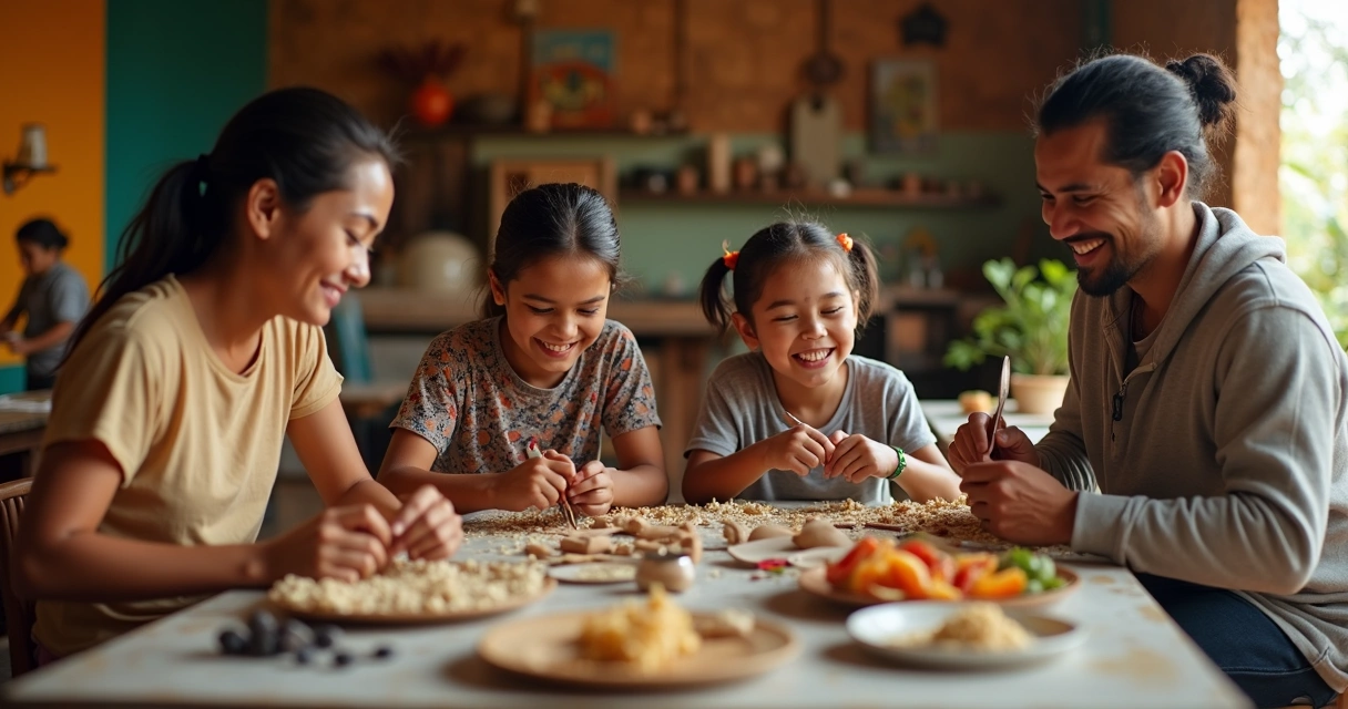 Família brasileira participando de vivência cultural