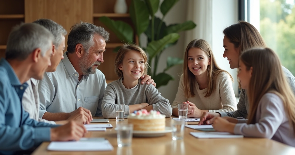 Reunión familiar con uno de los hijos destacado y otro en segundo plano observando 