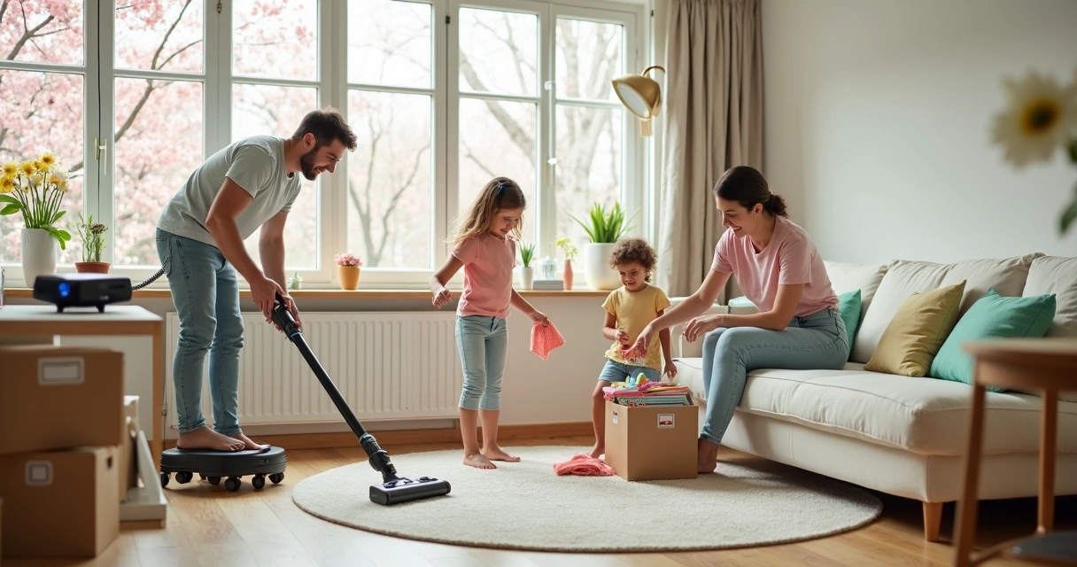 Família limpando a sala juntos com decoração de primavera 